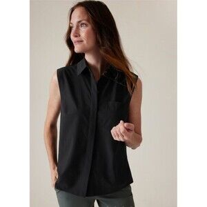 ATHLETA Everlasting Tank Top Womens XL Black Hidden Button Collared Stretch